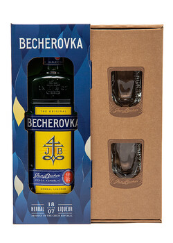 Becherovka 38% 0,7L + 2x sklo 410,-