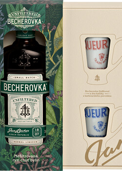 Becherovka nefiltr 38% kazeta + 2x kalíšek 272,-